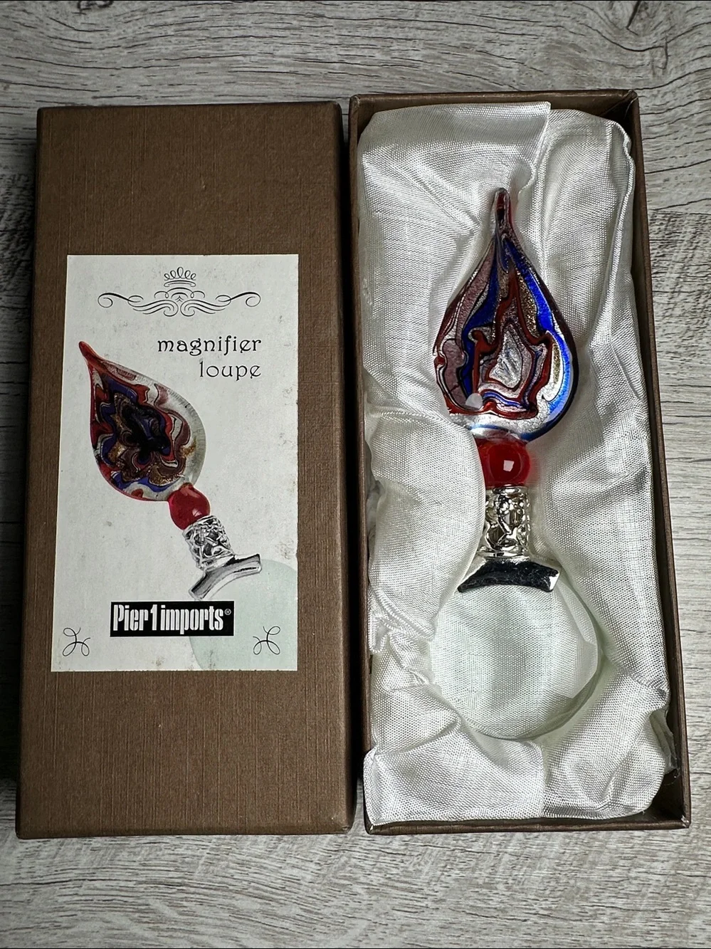 Vintage Pier 1 Blown Glass Magnifier Loupe~ Red, Blue, Silver Swirl - 5” in Box